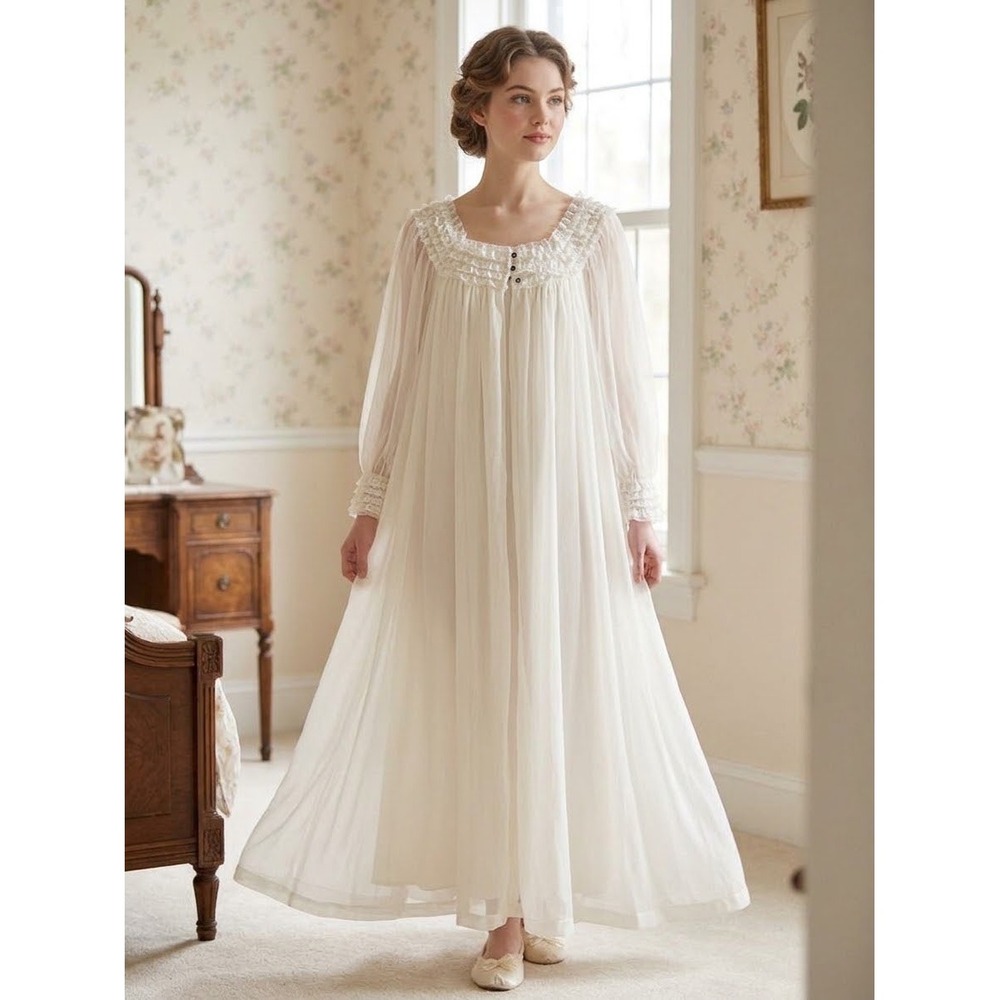 Vintage Sheer White Peignoir Robe Open Front Lace Bridal Boudoir Small⁠